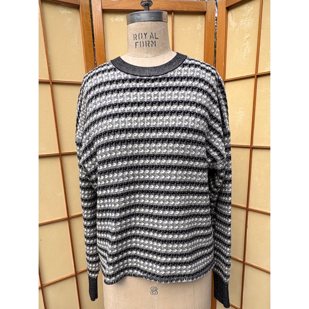 Black White Textured Stripe Cotton Crewneck Sweater by MM LaFleur Small